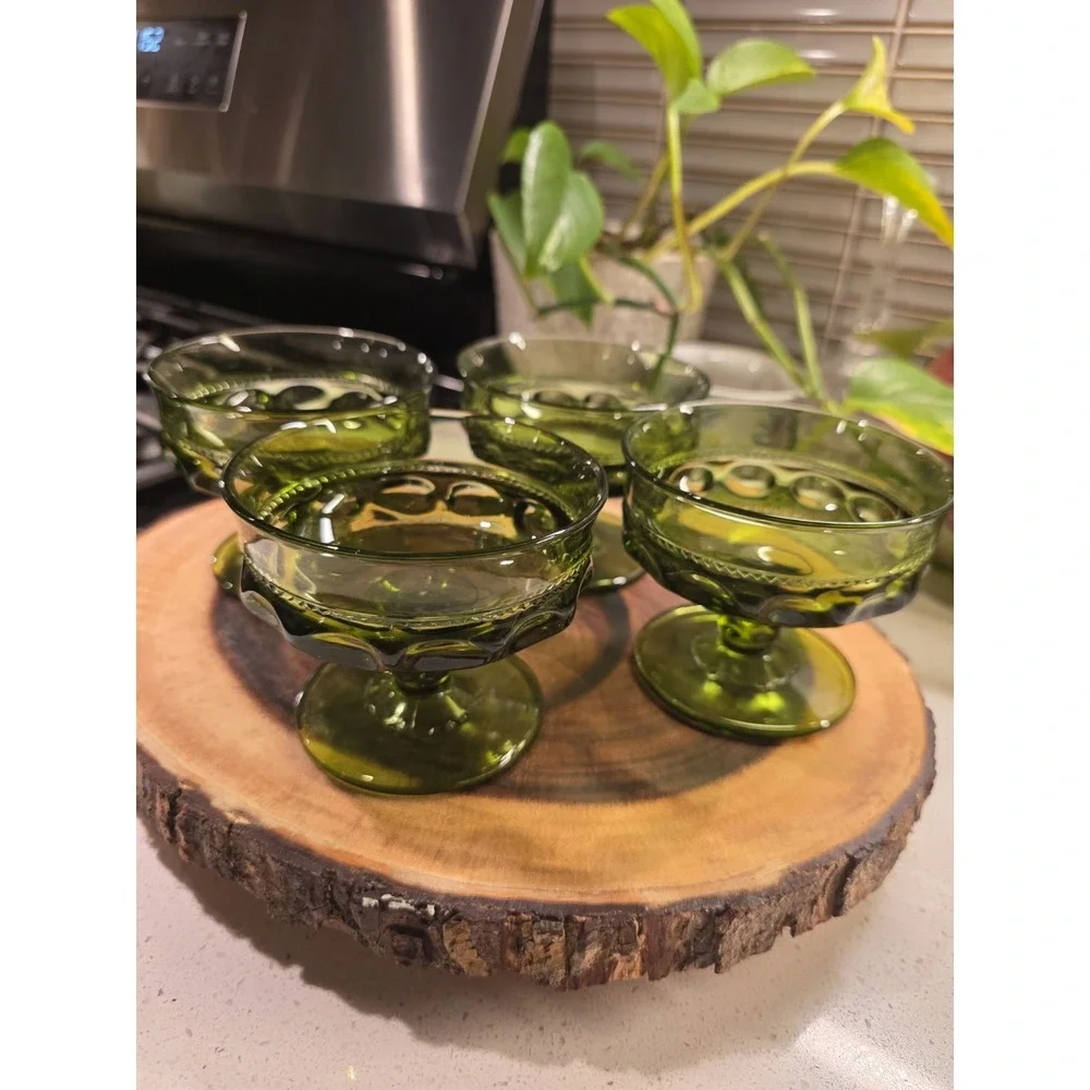 VTG Avocado Green Indiana Glass‎ Kings Crown Thumbprint Dessert Goblet Set Of 4